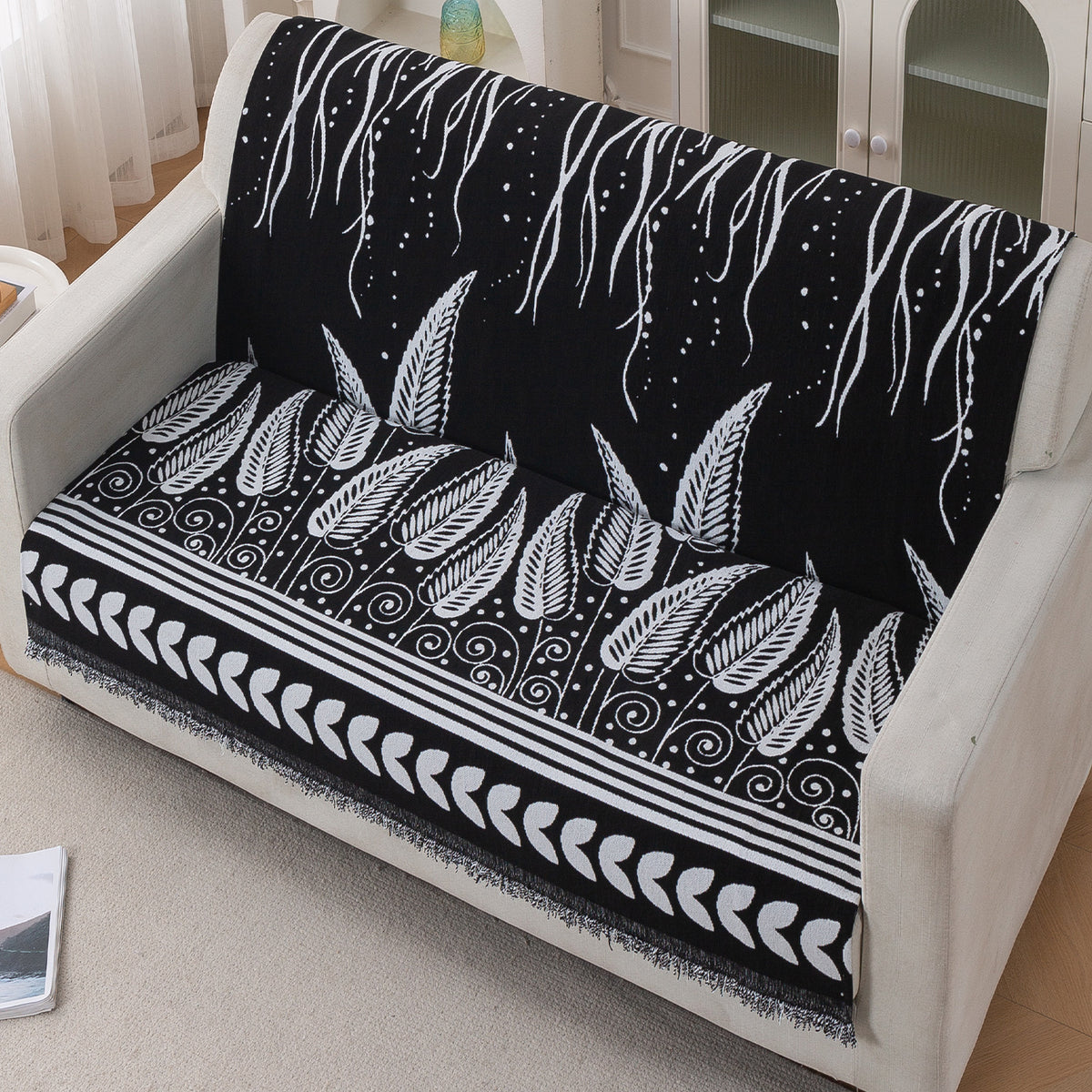 Premium 320 GSM Chenille Sofa Cover 'Serene Abode Series', Black Fern Tribal