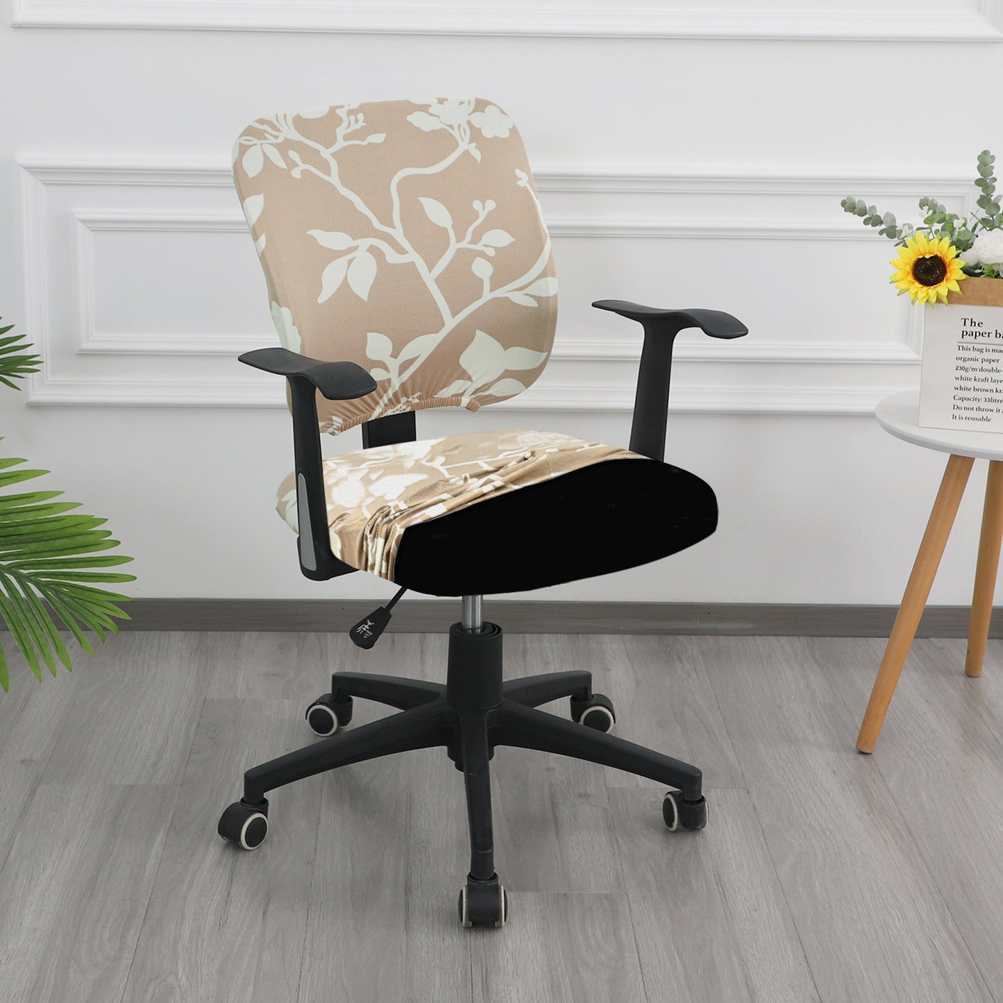 Printed Office Chair Cover for Task Chair – 140 GSM Stretchable Fabric – Washable & Anti-Slip – Fits Small Office Chairs Without Headrest, Buff Brown Sillehoute Floral