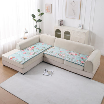 LiefNest Printed Holland Velvet L Shape Sofa Seat Mat with Foam Filling - Fresh Floral Pastel Blue