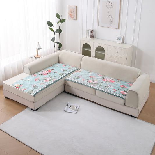 LiefNest Printed Holland Velvet L Shape Sofa Seat Mat with Foam Filling - Fresh Floral Pastel Blue