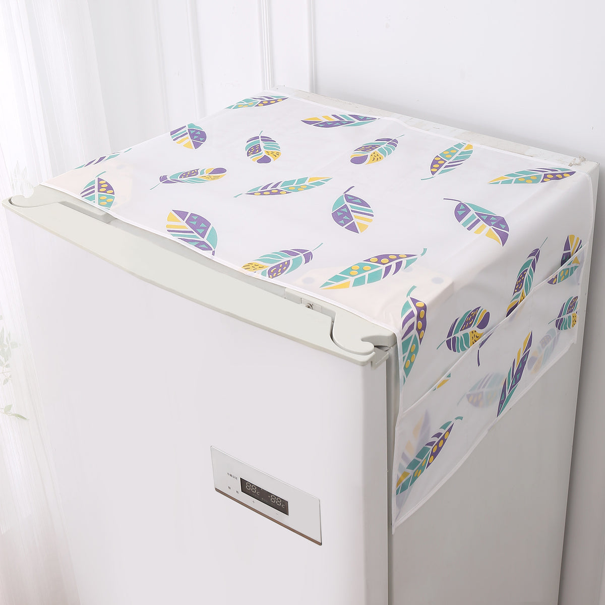 Small / Large Waterproof, Printed Fridge Cover Top with 6 Side Pockets, Boho Feathers