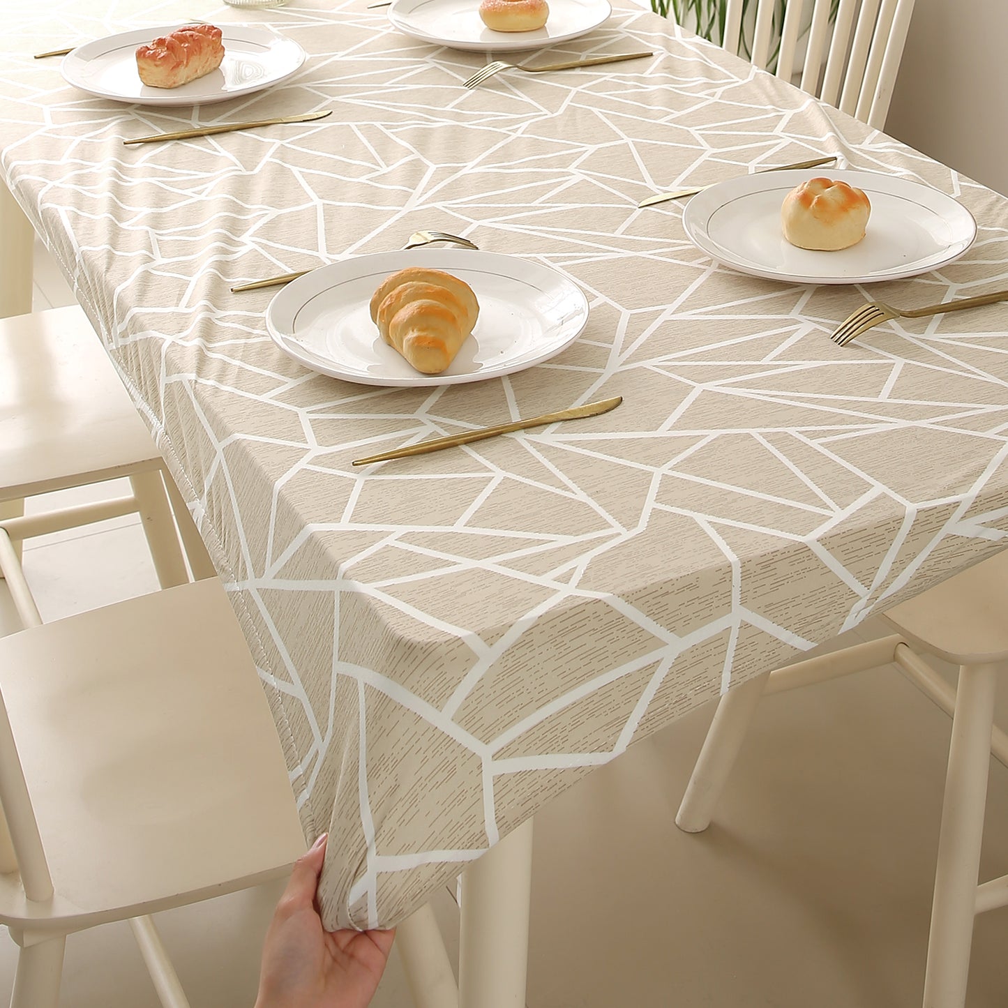 Printed Stretch Fit Water-Repellent & Anti-Slip Table Cloth Cover for 4 Seater / 6 Seater, Beige Abstract Geometry