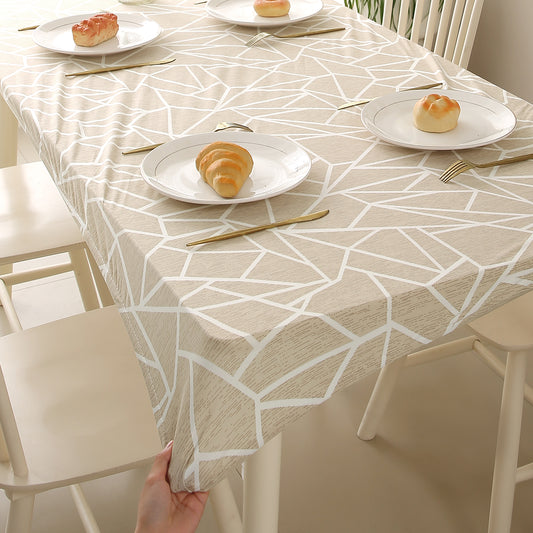 Printed Stretch Fit Water-Repellent & Anti-Slip Table Cloth Cover for 4 Seater / 6 Seater, Beige Abstract Geometry
