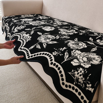 Chenille Sofa Cover Mat with Curvy Edges, 'Retro Curves Series' Sofa Mat, Classic Black