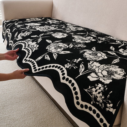Chenille Sofa Cover Mat with Curvy Edges, 'Retro Curves Series' Sofa Mat, Classic Black