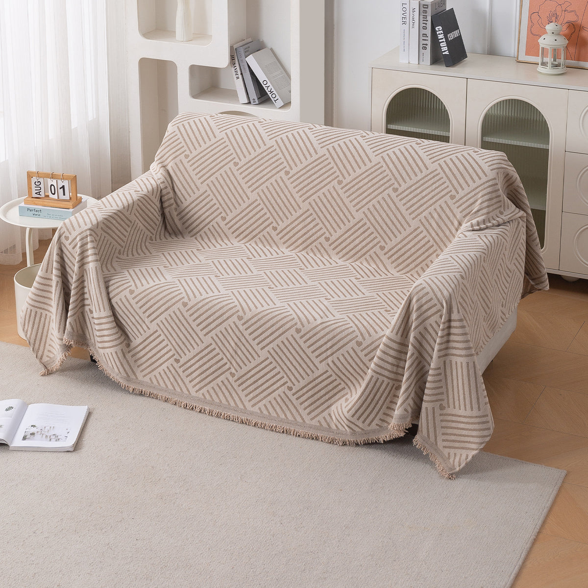 Premium 320 GSM Chenille Sofa Cover Throw All Season 'Serene Abode Series', Beige Geo Weave
