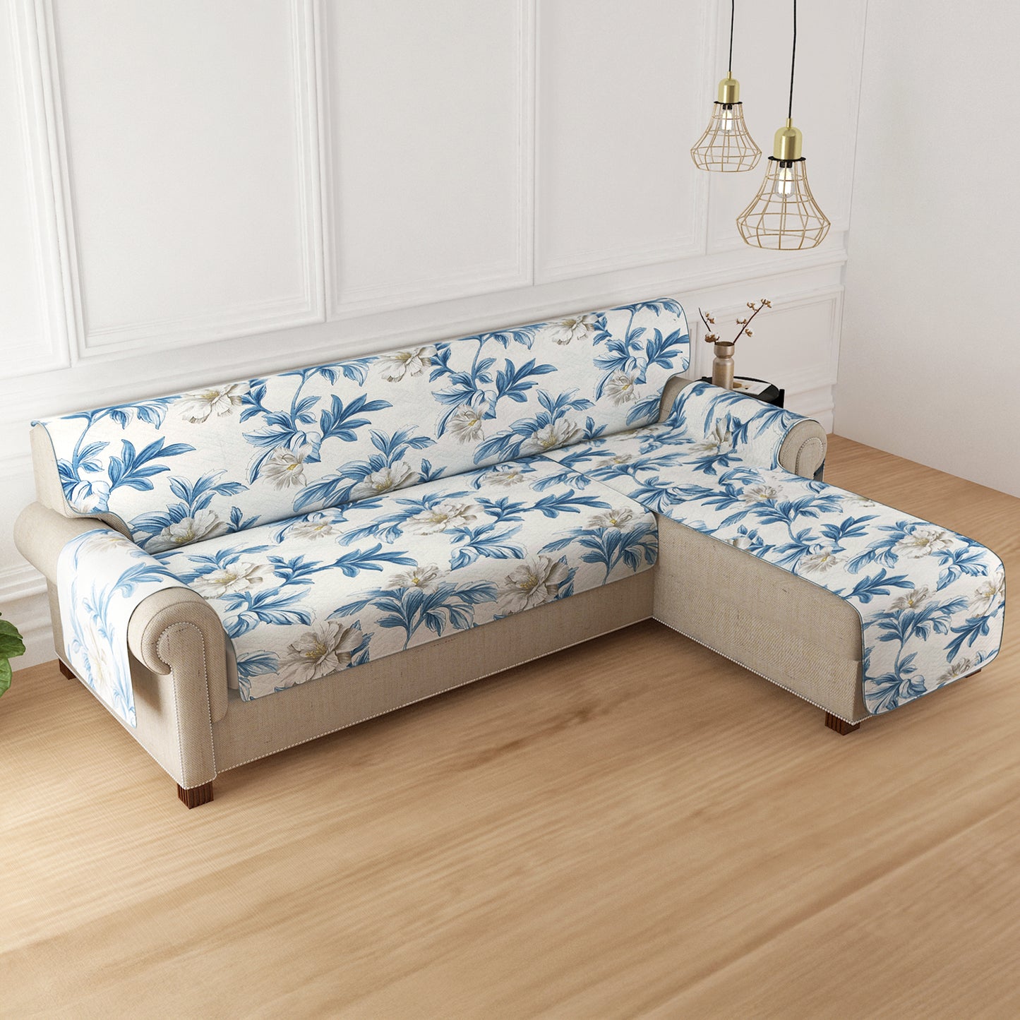 HomeHues Series Quilted Sofa Cover with Secure Fit Belt for L Shape sofa, Celadon Blue Camellia