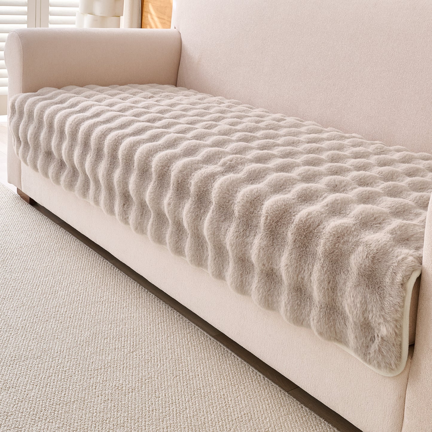 Premium Faux Rabbit Fur Anti Slip Sofa Mat for 1/2/3 Seater, Latte Brown