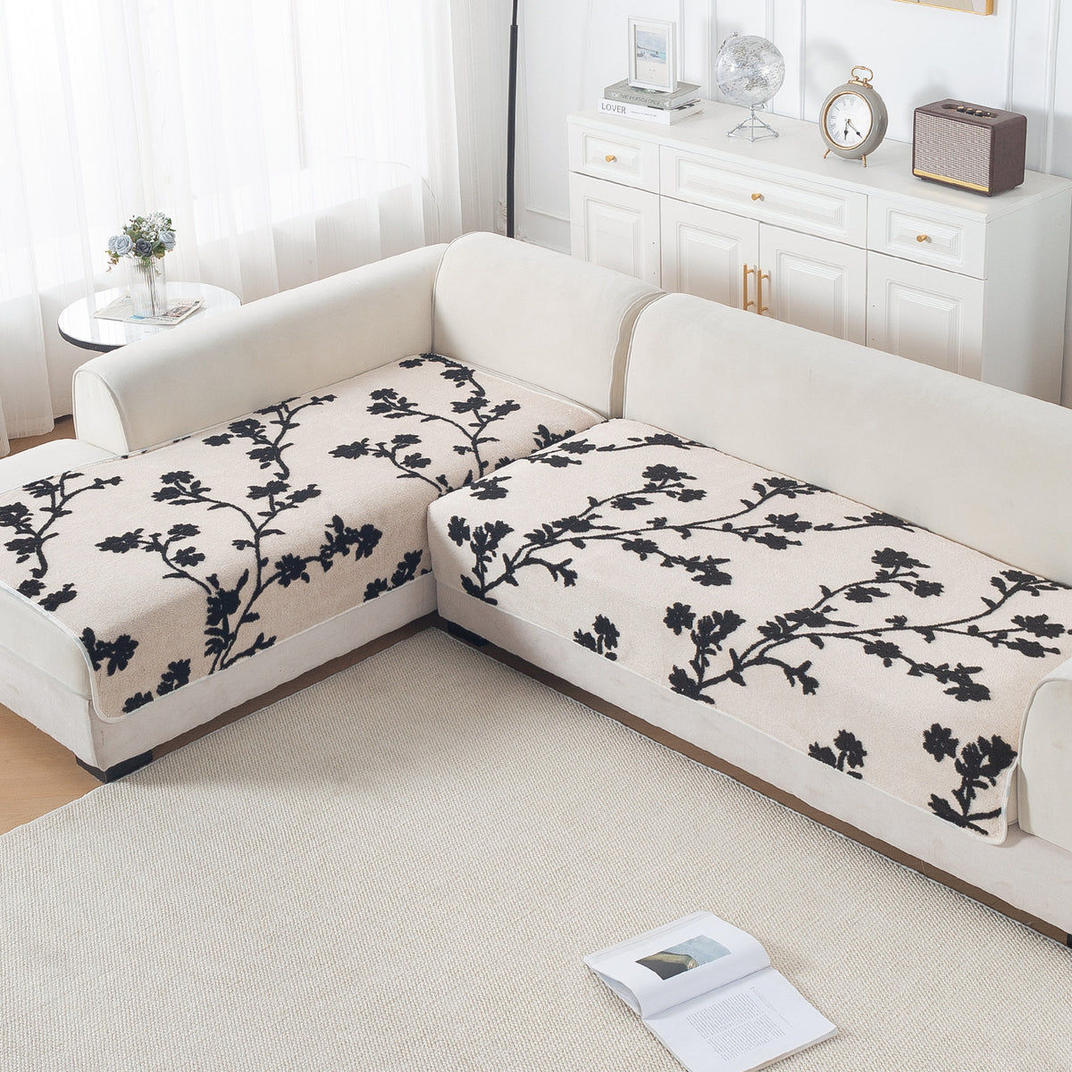 Luxury Plush Sherpa Anti Slip Combination Sofa Mat, 'Noirea Series'|Botanical Vine