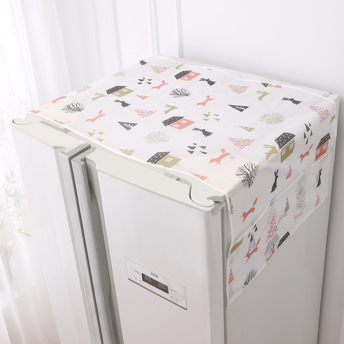 Small / Large Fridge Cover Top | For Smaller Single Door, Double Door and Bigger Double Door Refrigerator - Waterproof, Printed with 6 Side Pockets, Woodland Village