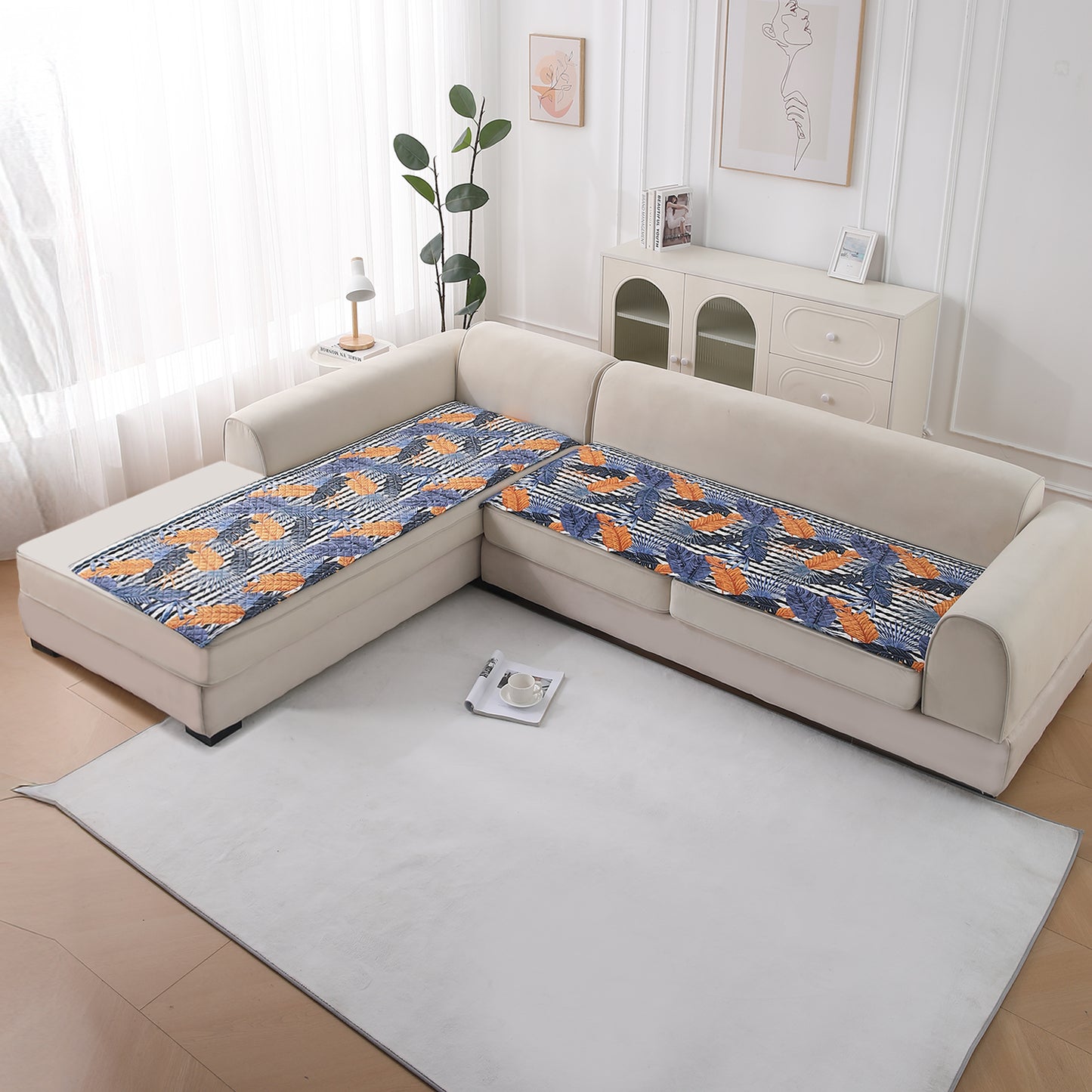 LiefNest Printed Holland Velvet L Shape Sofa Seat Mat with Foam Filling - Tropical Leaves Dusk Blue