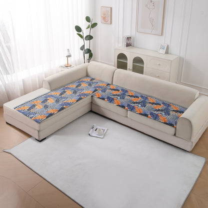 LiefNest Printed Holland Velvet L Shape Sofa Seat Mat with Foam Filling - Tropical Leaves Dusk Blue