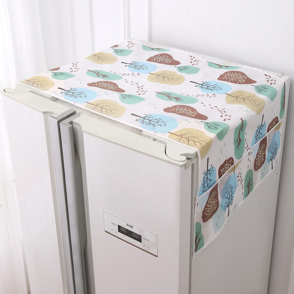 Small / Large Fridge Cover Top | For Smaller Single Door, Double Door and Bigger Double Door Refrigerator - Waterproof, Printed with 6 Side Pockets, Nature Trees