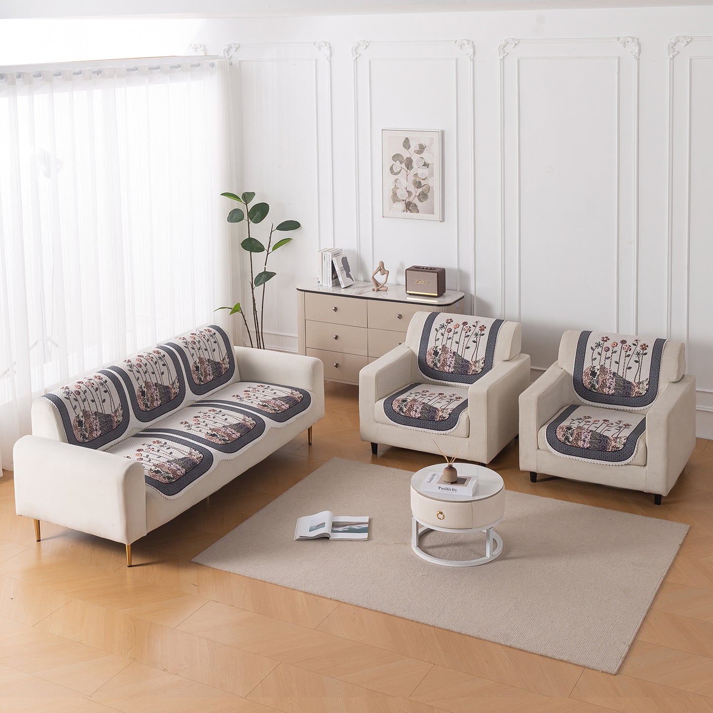 HeavenHue Fleece Soft Touch Quilted Sofa Cover Set Washable Sofa Panel for Seat & Back - Mystic Wings