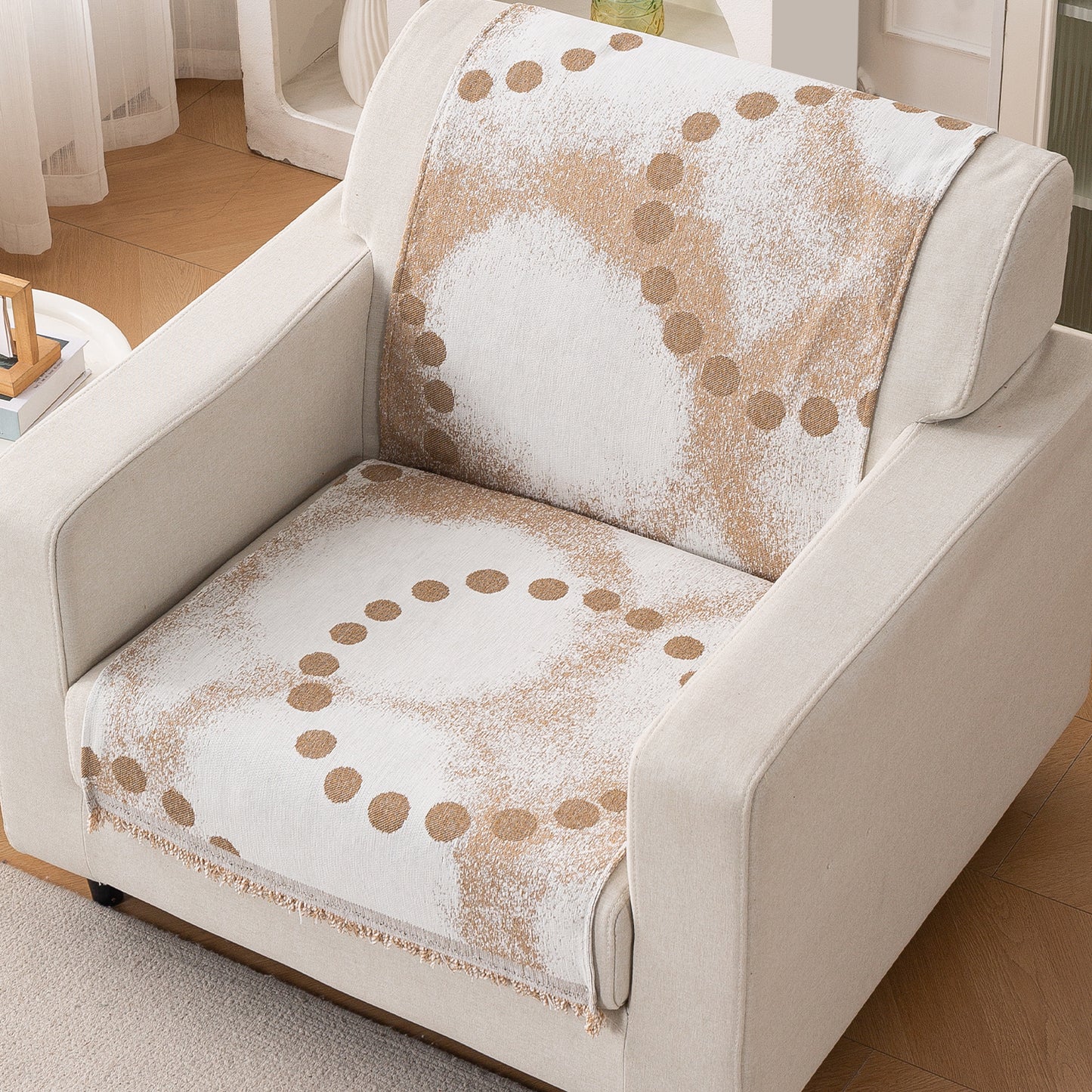 Premium 320 GSM Chenille Sofa Cover 'Serene Abode Series', Latte Dotted Wave