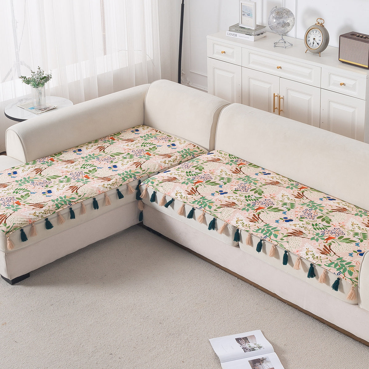 Whispers of Nature' Series Holland Velvet L Shape Sofa Cover Seat Mat with Tassels, Beige Woodland Bloom
