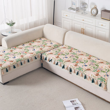 Whispers of Nature' Series Holland Velvet L Shape Sofa Cover Seat Mat with Tassels, Beige Woodland Bloom