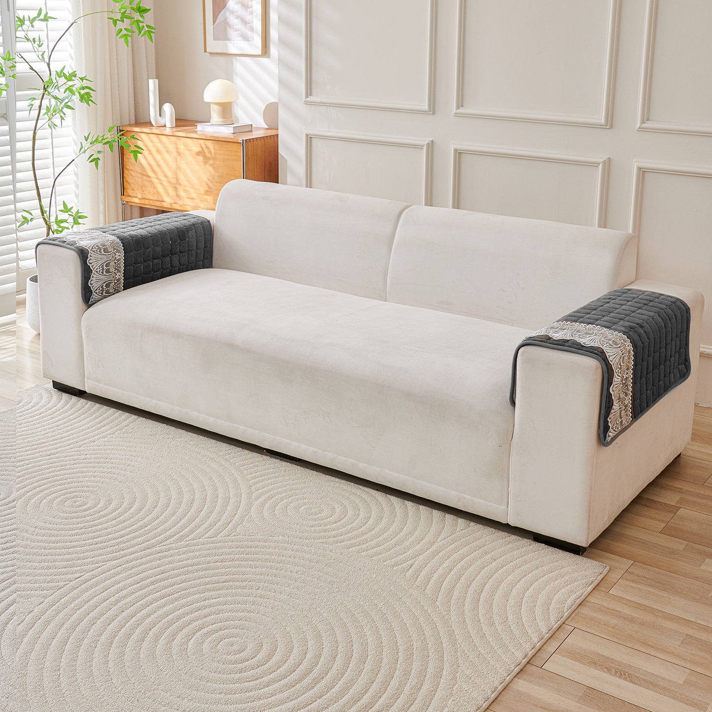 BelleLace Series Imperial Milk Velvet Sofa Cover Mat with Lace Design - Porpoise Grey