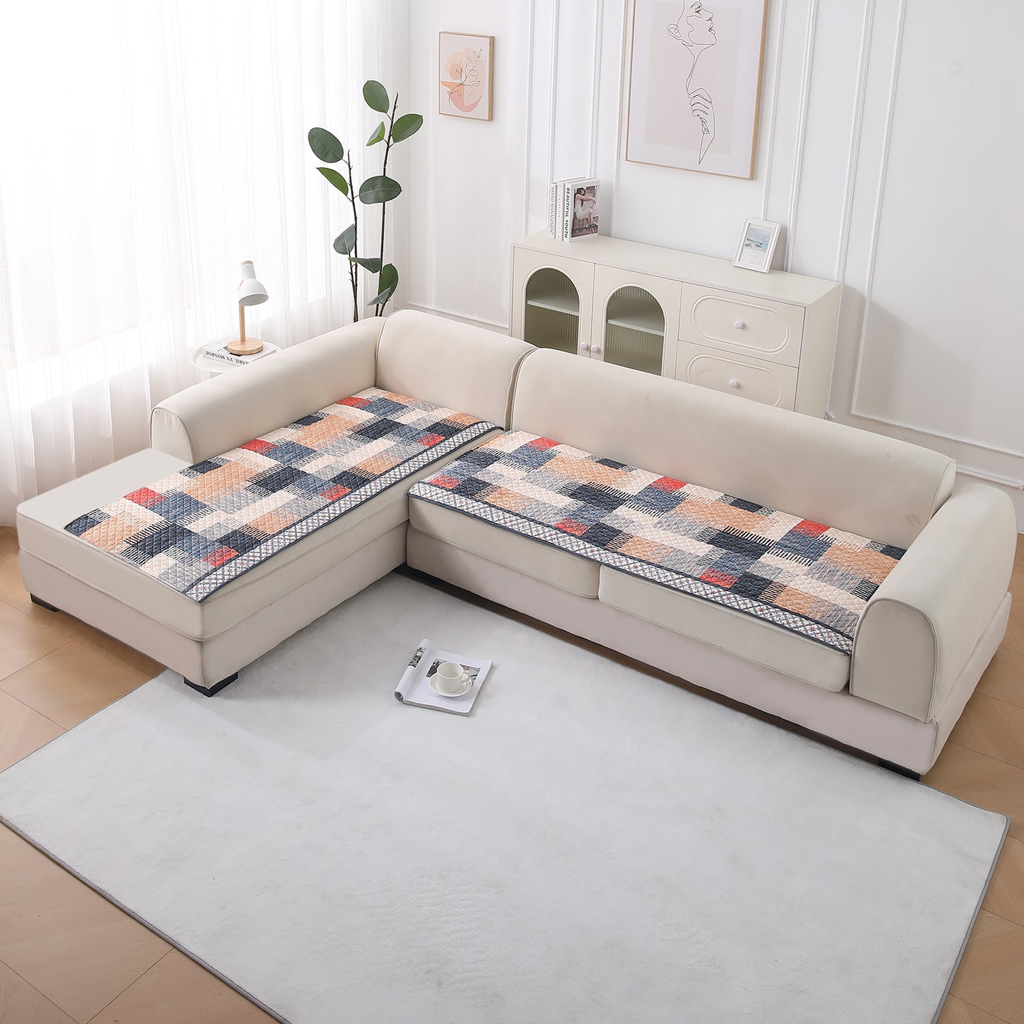 LiefNest Printed Holland Velvet L Shape Sofa Seat Mat with Foam Filling - Urban Grid Multicolor