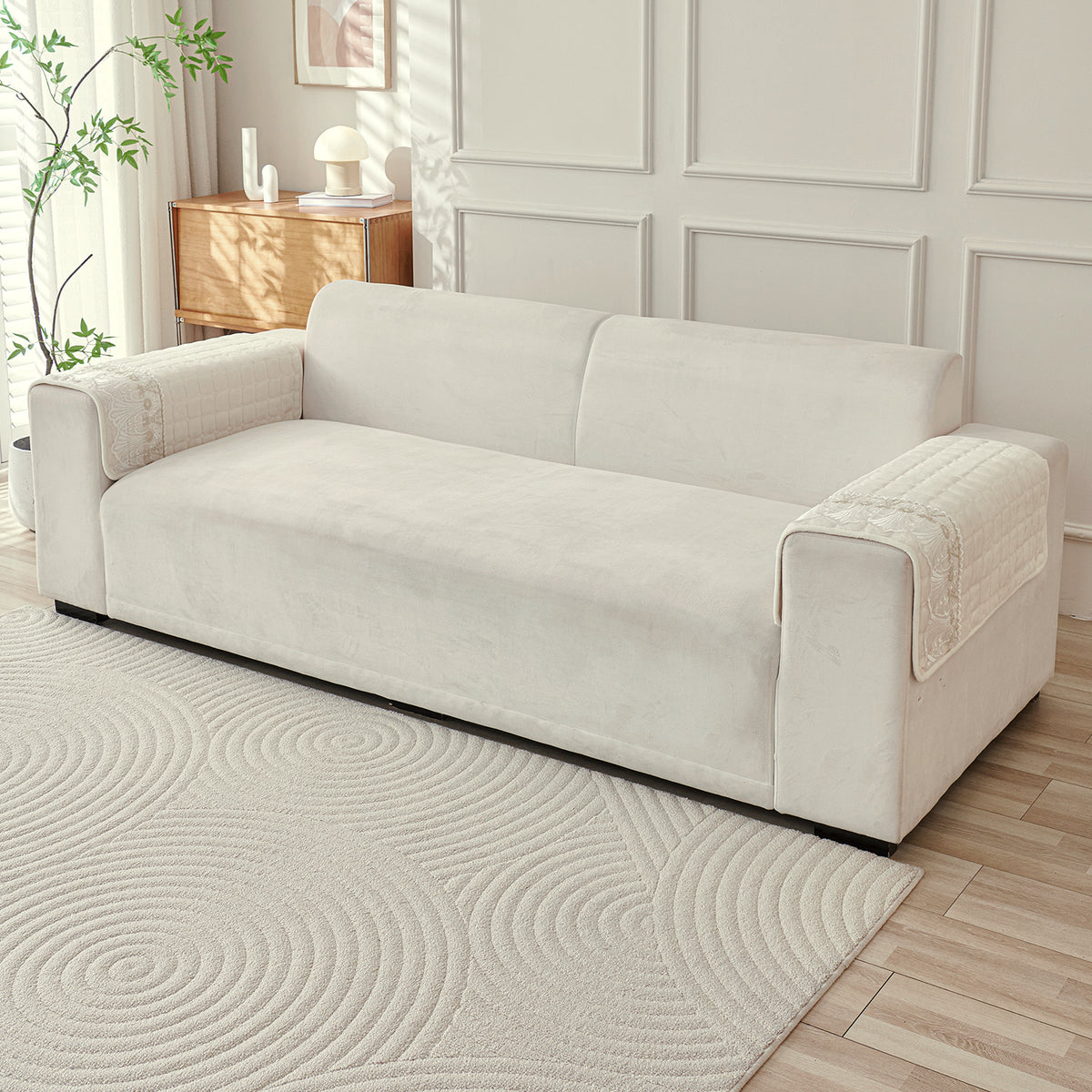 BelleLace Series Premium Imperial Milk Velvet Sofa Cover Mat with Lace Design -  Pearl White