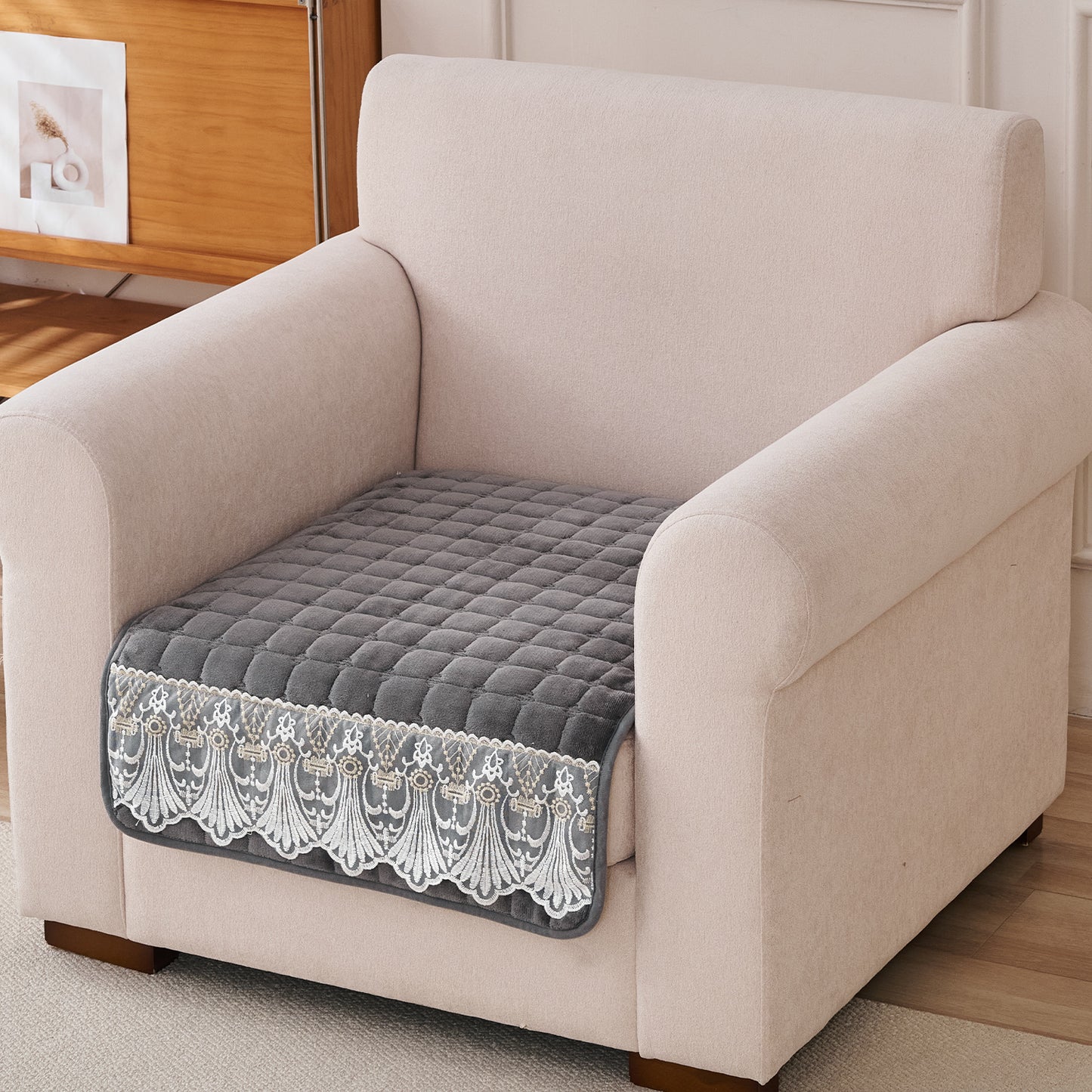 BelleLace Series Imperial Milk Velvet Sofa Cover Mat with Lace Design - Porpoise Grey