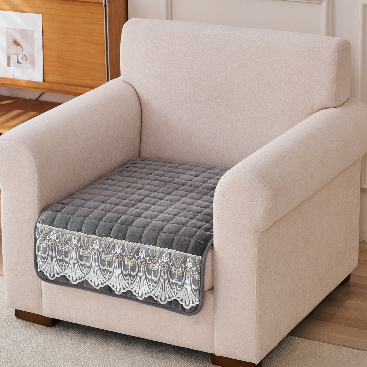 BelleLace Series Imperial Milk Velvet Sofa Cover Mat with Lace Design - Porpoise Grey
