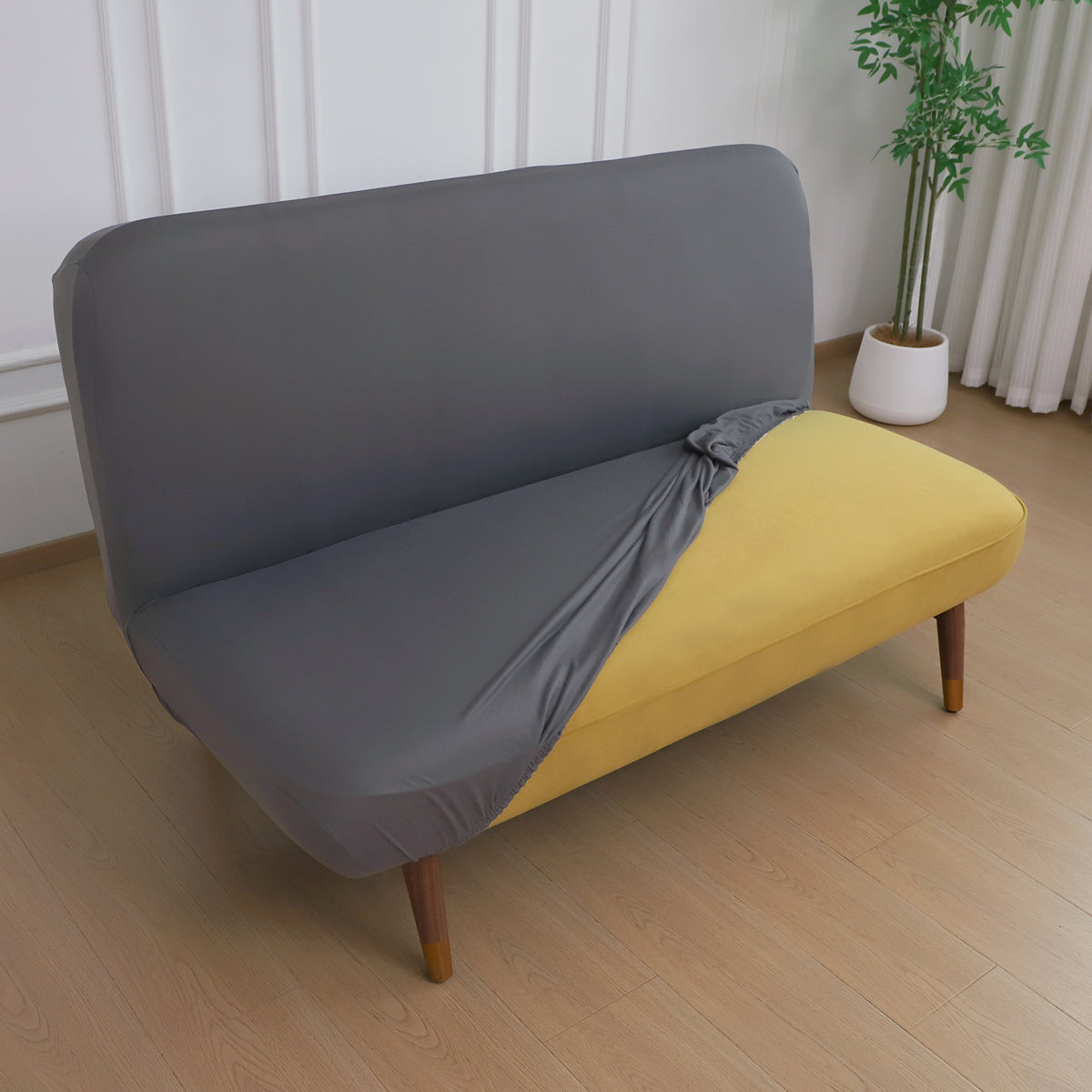 SereneSolids Stretchable Elastic Armless Sofa Cover – 140 GSM, Futon Slipcover, Easy Fit, Grey