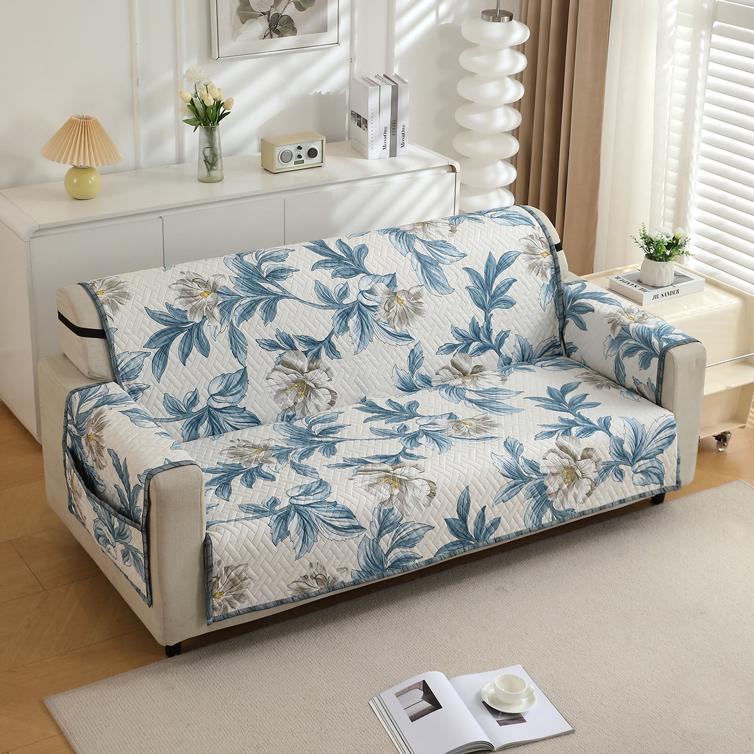 3 seater Celadon Blue Camellia Printed quilted sofa ke cover