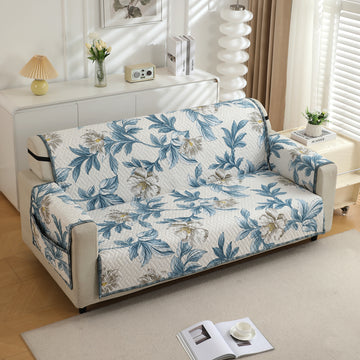 3 seater Celadon Blue Camellia Printed quilted sofa ke cover
