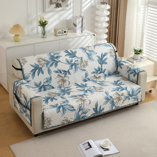 3 seater Celadon Blue Camellia Printed quilted sofa ke cover