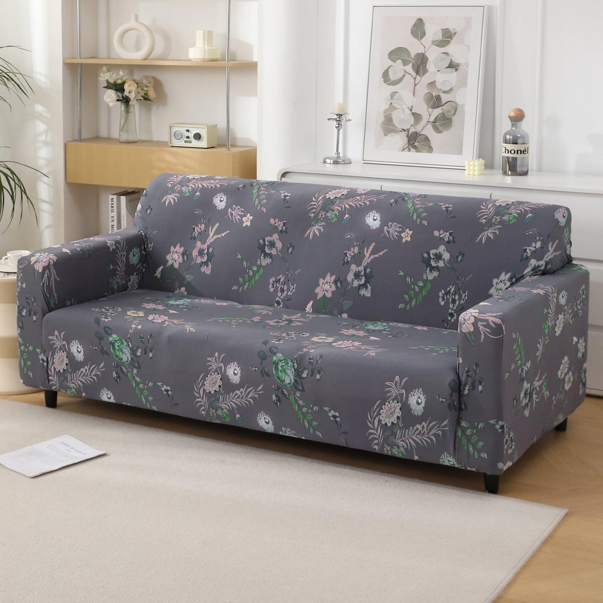 Bentonite Grey Budding Florals Printed, non slip, elastic 4 seater sofa cover​s