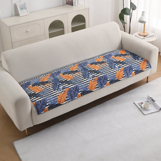 LiefNest Printed Holland Velvet Sofa Mat with Foam Filling - Tropical Leaves Dusk Blue for 1/2/3 Seater & Armrest