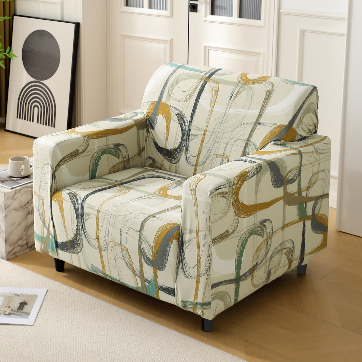 Parchement Beige Abstract Art printed non slip elastic stretchable 1 seater sofa cover​