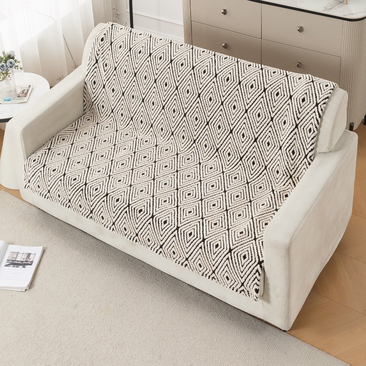 HOKIPO Plush Sofa Cover Throw for Complete Sofa 'Noirea Series', Geometric Diamond