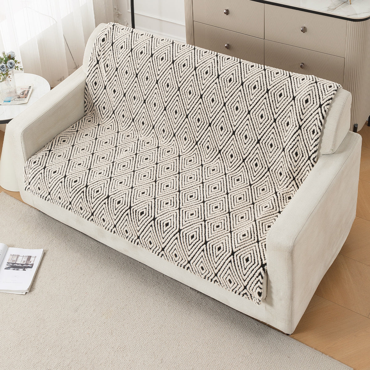 'Noirea Series' Plush Sofa Cover for Seat & Back, Geometric Diamond