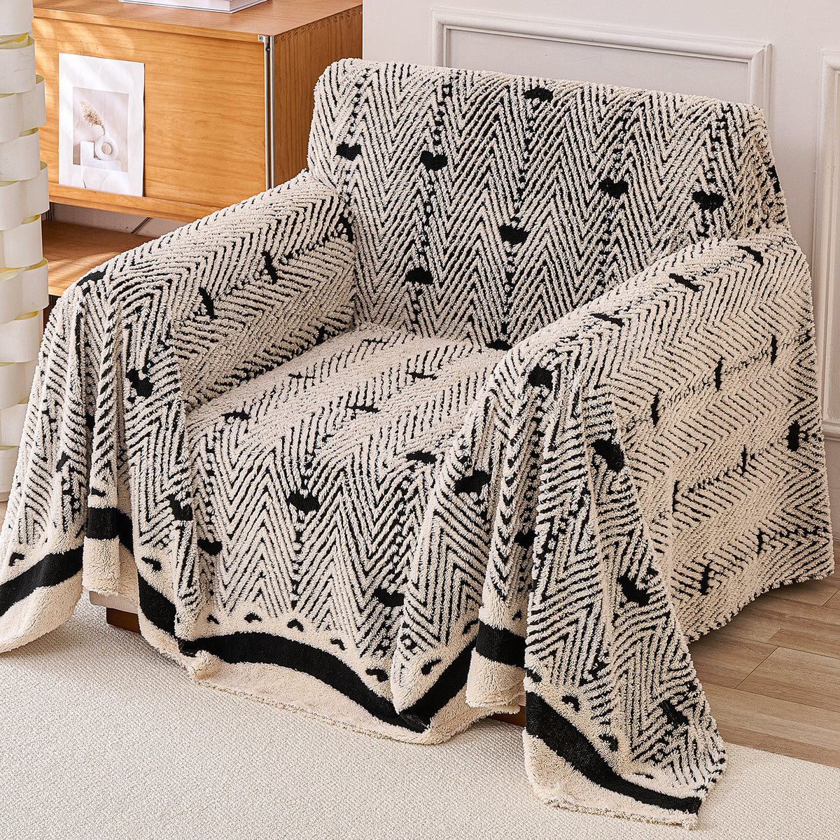 Buy Jade Black Cream Colour Cozy Heart Series Luxury Plush Sofa Throw for Complete Sofa | HOKIPO