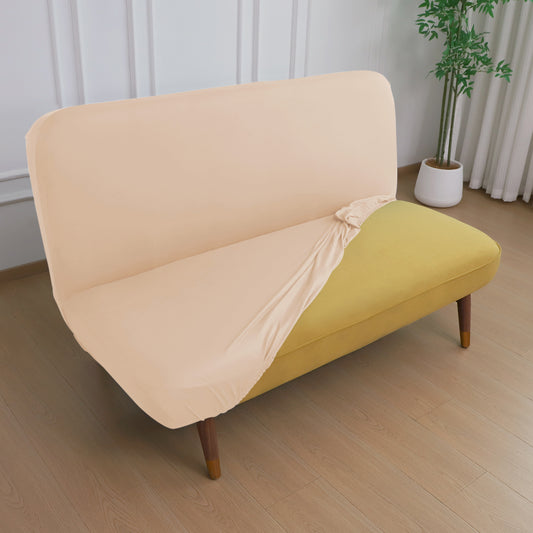 SereneSolids Stretchable Elastic Armless Sofa Cover – 140 GSM, Futon Slipcover, Easy Fit, Beige