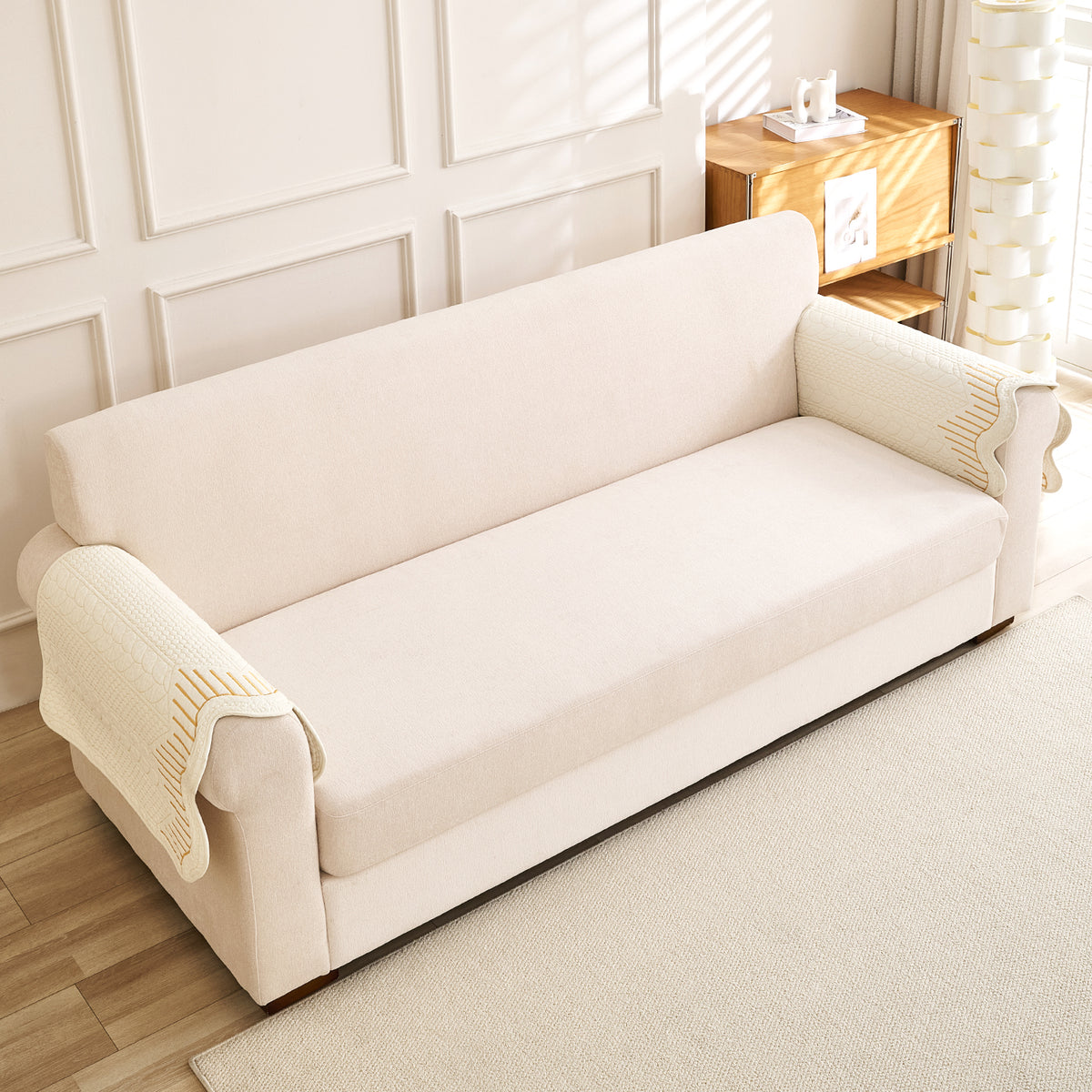 Cotton Reverie with a Curved Wavy Edge Sofa Mat, Golden Cream Bloom