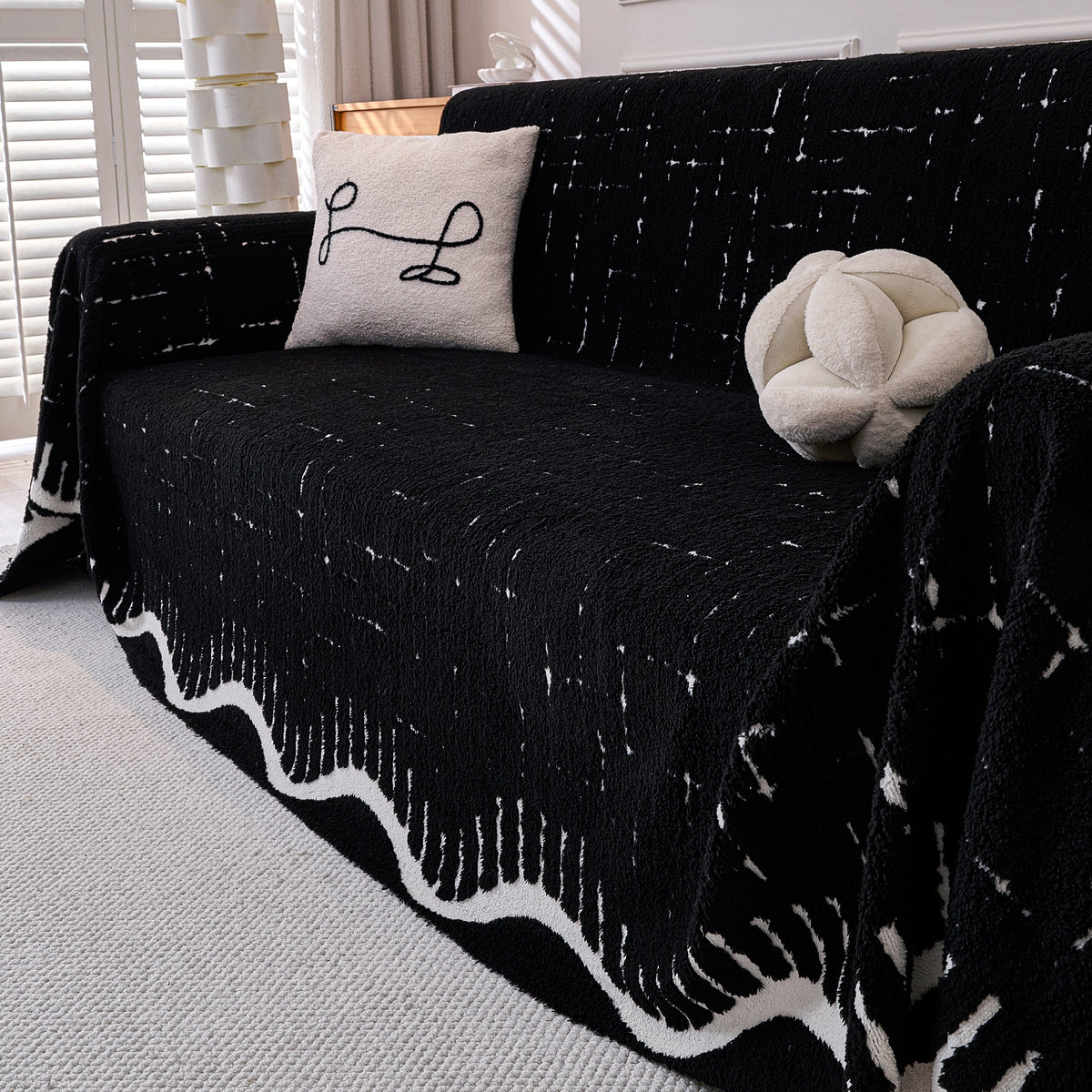 Buy Black Colour Supple Soft Wavy Plush Sofa Throw – 3 Seater Sofas | HOKIPO