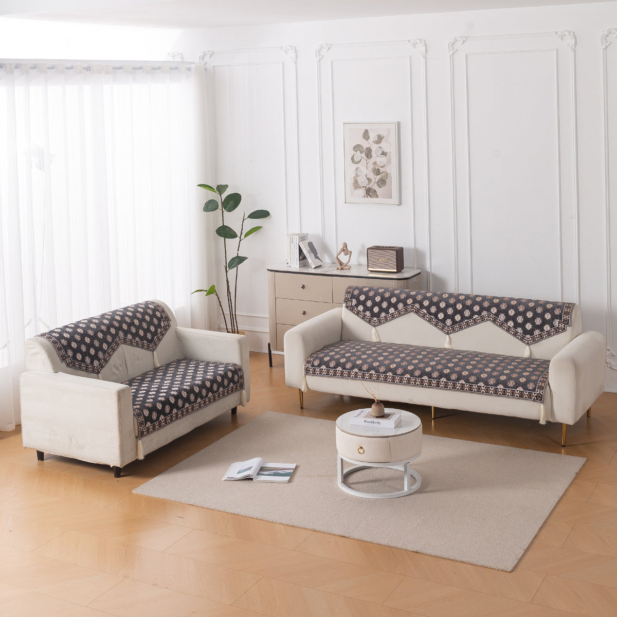 Heritage Weave Premium Jacquard Sofa Cover Set with Tassels - Graphite Grey
