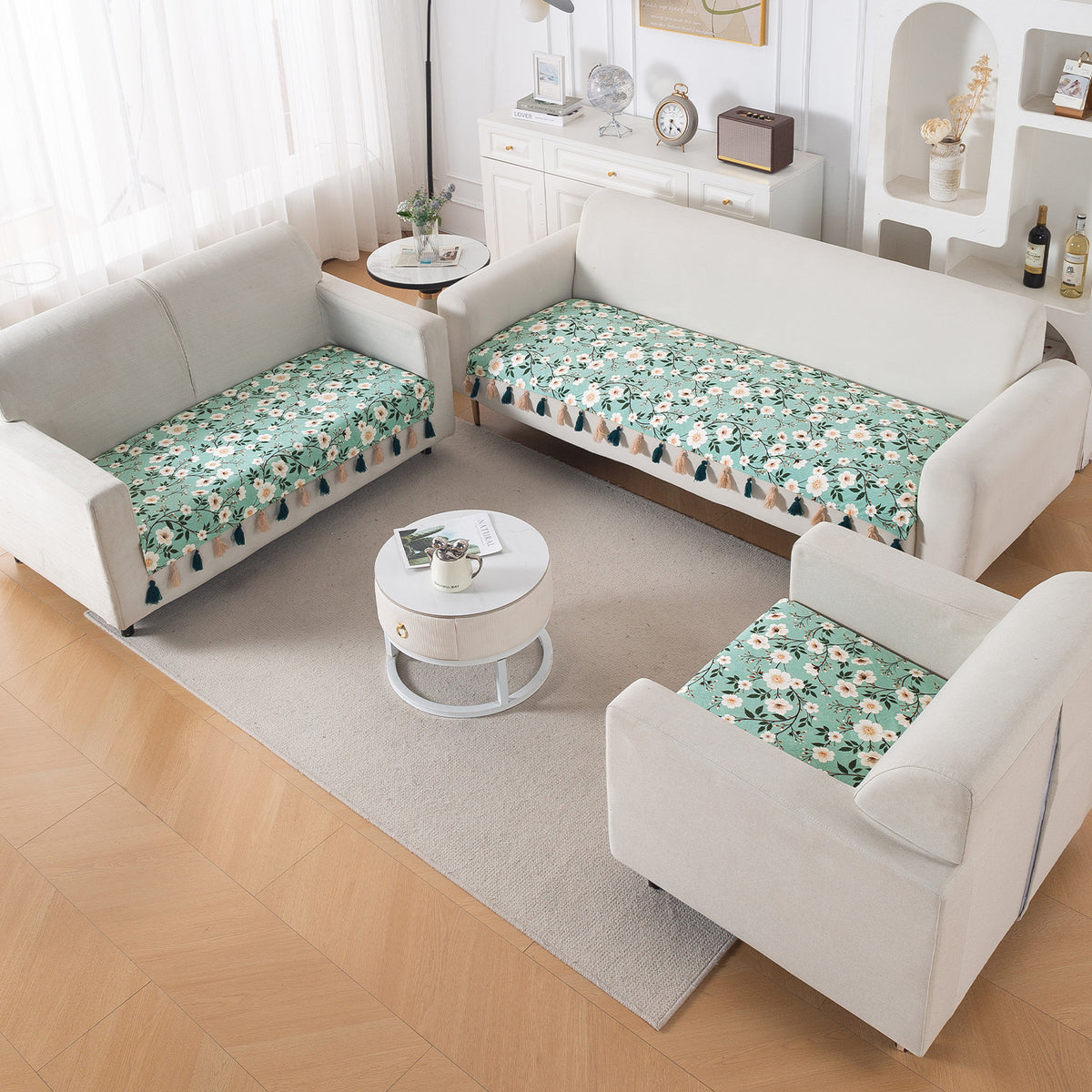 'Whispers of Nature' Series Holland Velvet Sofa Seat Mat with Tassel, Sage Floral Vine