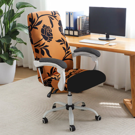 Printed Office Chair Cover for Executive Chair (High-Back) – 140 GSM Stretchable Fabric – Washable & Anti-Slip – Fits Big & Tall Office Chairs, Copper Brown Floral