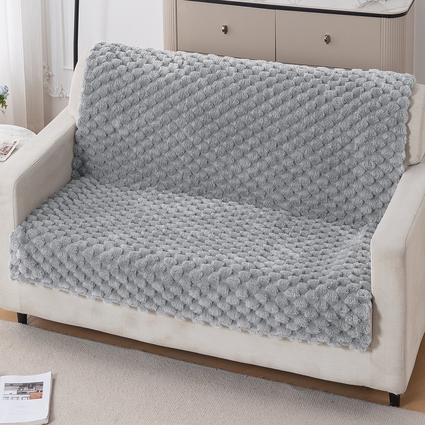 'BunnySoft Series' Plush Sofa Cover Throw for Sofa Seat & Back, Moon Grey
