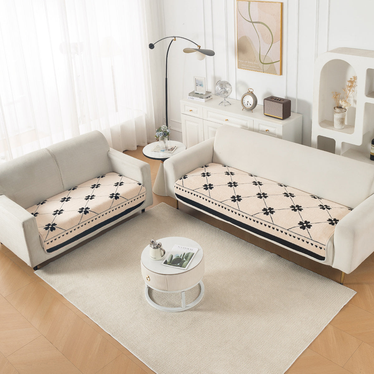 Luxury Plush Sherpa Anti Slip Combination Sofa Mat, 'Noirea Series'|Floral Lattice