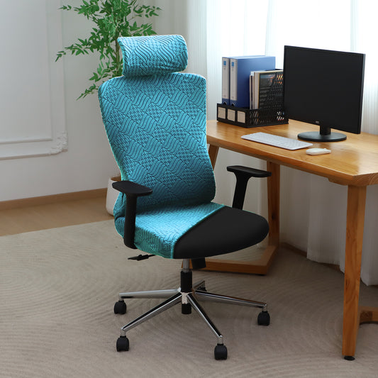 Office Chair Cover with Headrest (High-Back) – 170 GSM Stretch Jacquard – Washable, Anti-Slip Fit for Ergonomic Mesh Office Chairs, Turquoise