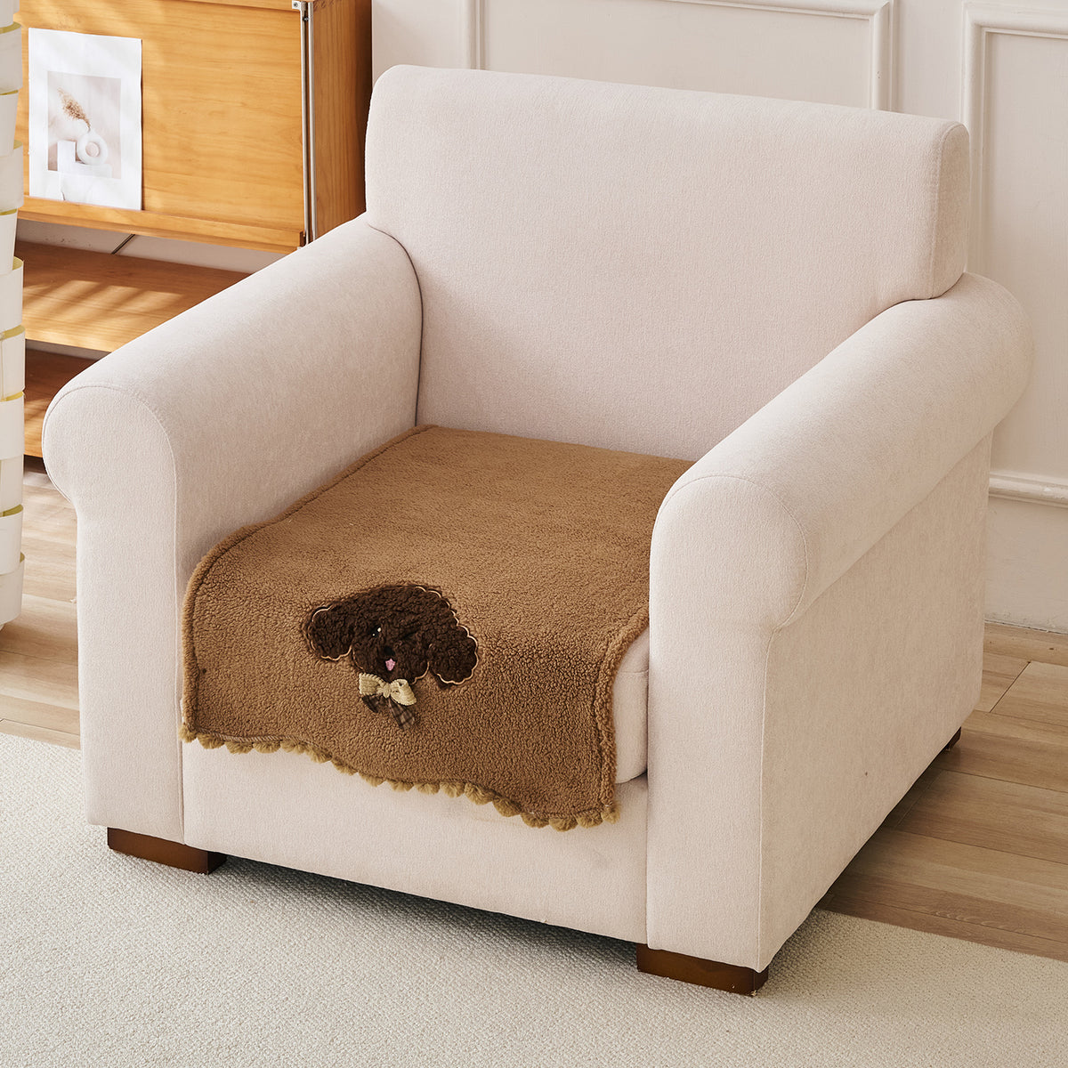 CloudHug Plush Sofa Cover Mat with PomPom and Wavy Edges, Mocha Cocoa