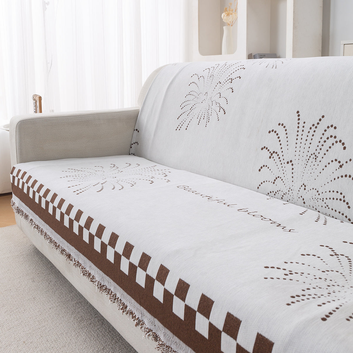 Premium 320 GSM Chenille Sofa Cover 'Serene Abode Series', Brown Dot Burst