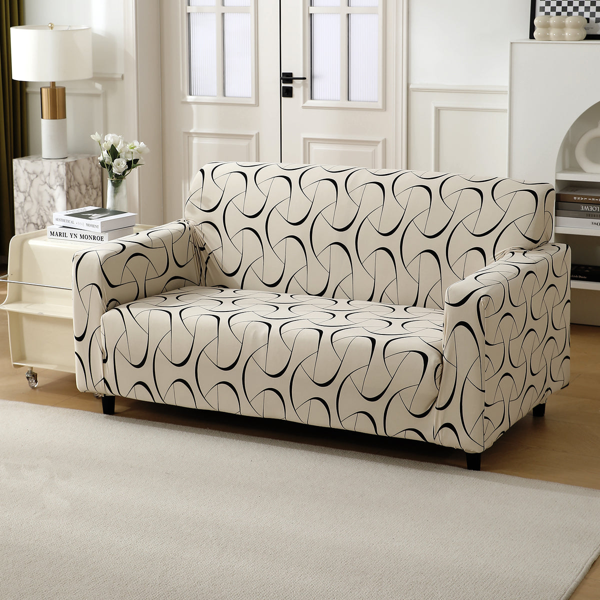 Natural Beige Abstract Art Print non slip stretchable two seater sofa cover
