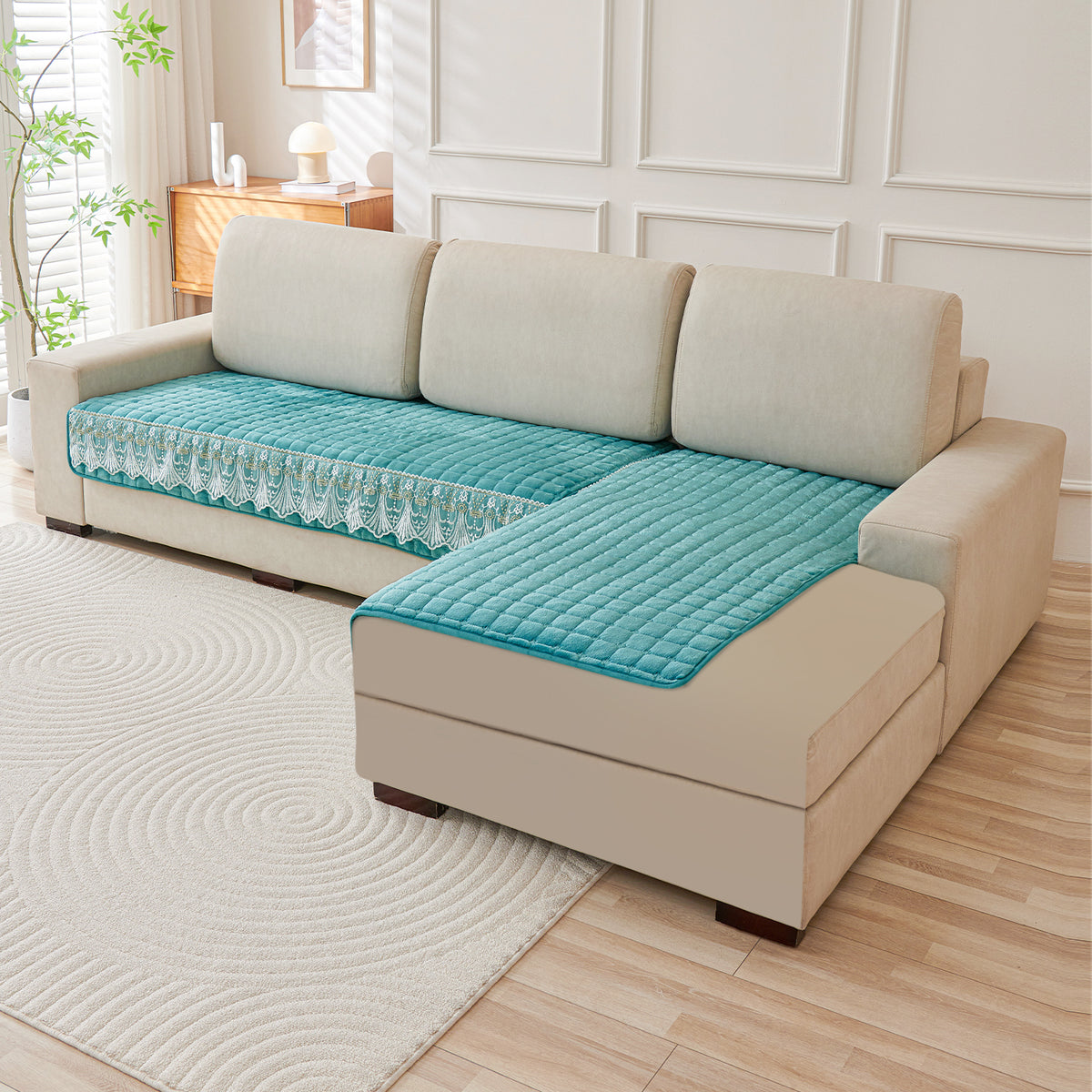 Buy Teal Colour BelleLace Imperial Milk Velvet L Shape Sofa Cover