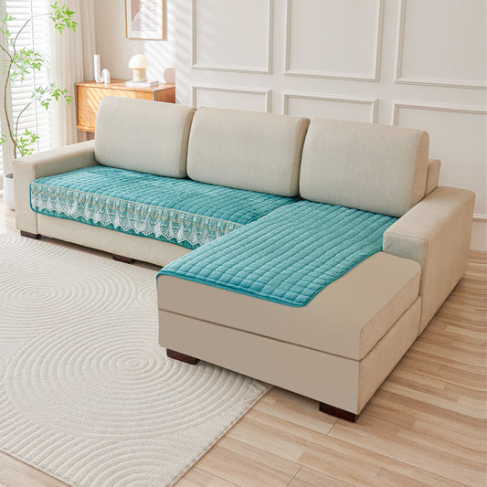 BelleLace Series Imperial Milk Velvet L Shape Sofa Cover Mat with Lace Design - Teal